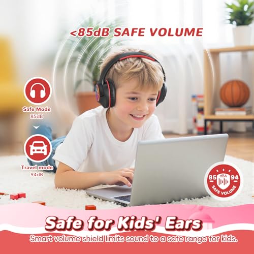 Image of Kids Bluetooth Headphones, 85H Wireless Headphones for Kids, Colorful LED Lights, 85 /94dB Safe Volume Limit, Bluetooth 5.4, Over Ear Toddler Headsets with Built-in Mic for Tablets Airplane,Black