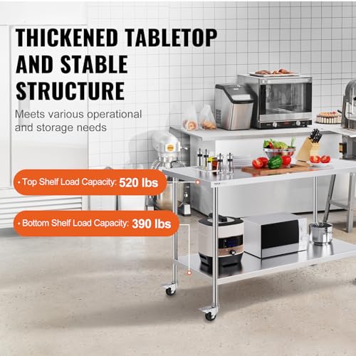 Image of VEVOR Stainless Steel Work Table 30 x 60 x 38 Inch, with 4 Wheels, 3 Adjustable Height Levels, Heavy Duty Food Prep Worktable for Commercial Kitchen Restaurant, Silver