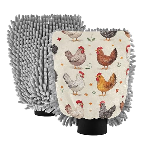 Cartoon Cute Chicken Beige Microfiber Mitt for Cars 2 Pack Gloves for Cars Washing Non Scratch Clean Sponges for Auto Supplies