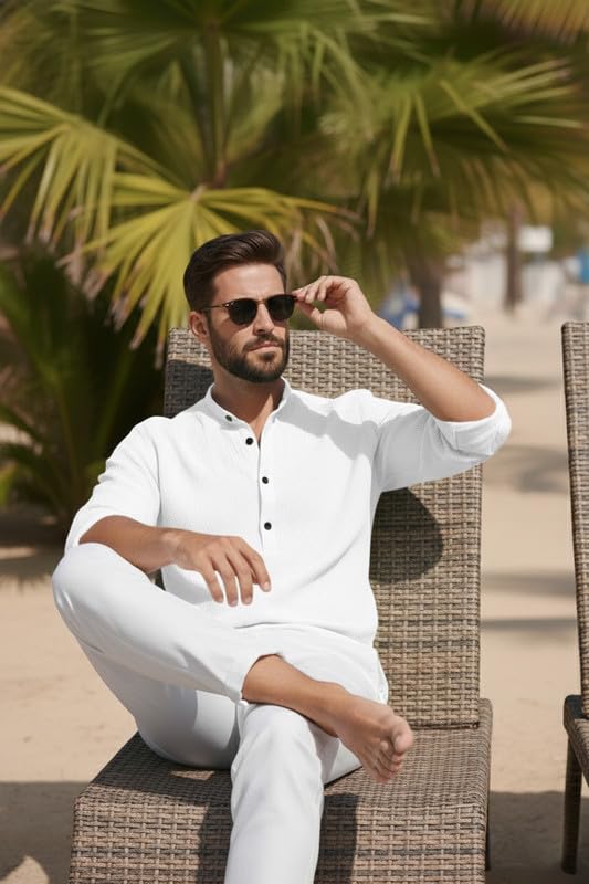 Image of Men's Cotton Blend Short Kurta with Collared Neck Full Sleeves Solid Pattern Western Style Regular Fit and Standard Length