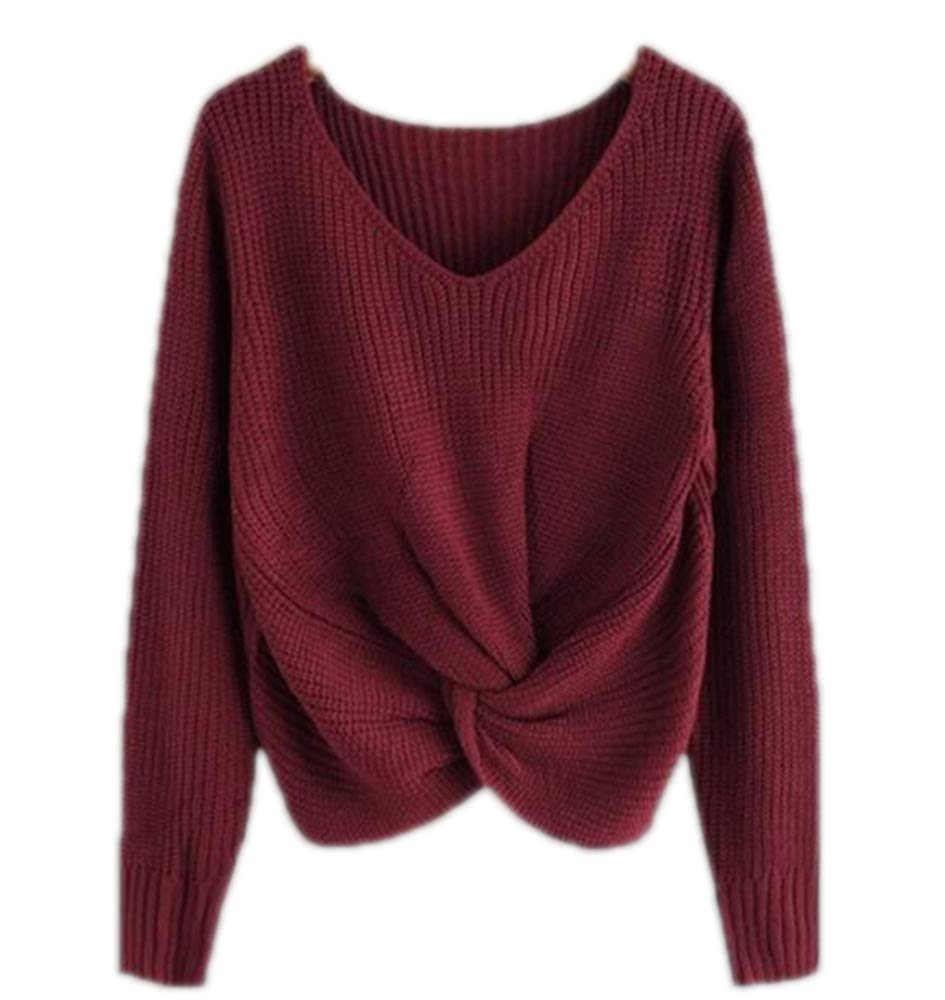 Keepmore Women's 14 Knot Front Top Long Sleeve Round Neck Wrap Twist Blouse Tops Jumper Pullover