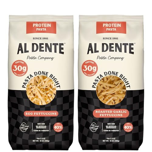 Al Dente Protein Pasta Egg & Roasted Garlic Fettuccine - 30g High Protein in 3.5oz Serving, Lower Carb. Cage-Free Eggs & Semolina. (Previously Carba-Nada, Packaging May Vary) - 10oz Bags (Pack of 2)
