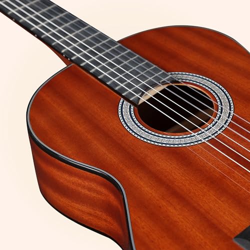 Image of WINZZ 4 /4 Classical Guitar, 39 Inch Full Size Nylon String Guitar for Beginner Adults, Full Classic Guitar Kit with Free Lessons, Gig Bag, Footstool, Capo, Tuner, Hanger and Strap (Glossy Brown)