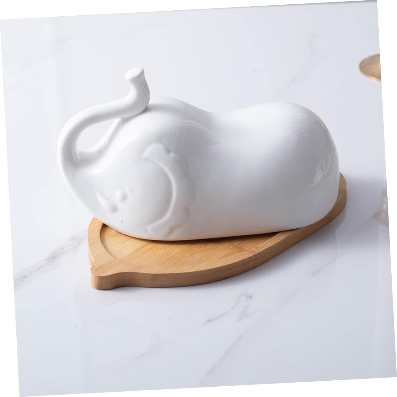 Elephant Shape Butter Dish with Ceramic Lid and Detachable Wooden Plate Household Tableware for Use Microwave Safe Easy to Clean