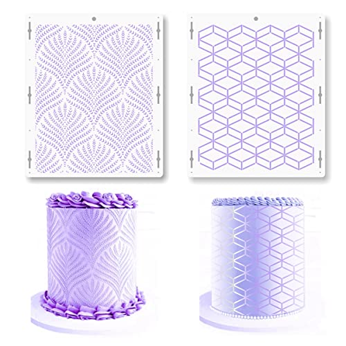 2pcs Cake Decorating Stencils Decorating Buttercream Spray Floral Cake Molds Side Baking Mesh Stencil DIY Baking Decor Mold Ideal Wedding and Birthday Cake Decoration Tools (Wheat+Geometry)