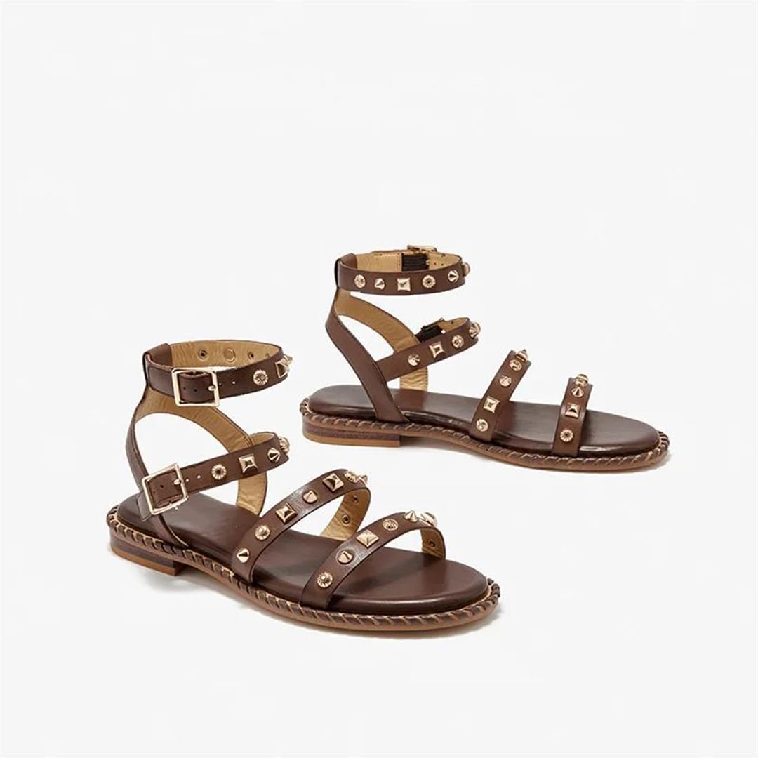 Sandalias básicas de piel de vaca con correa de tobillo y tacón plano para mujer, estilo informal, con hebilla, café, 38.5 EU