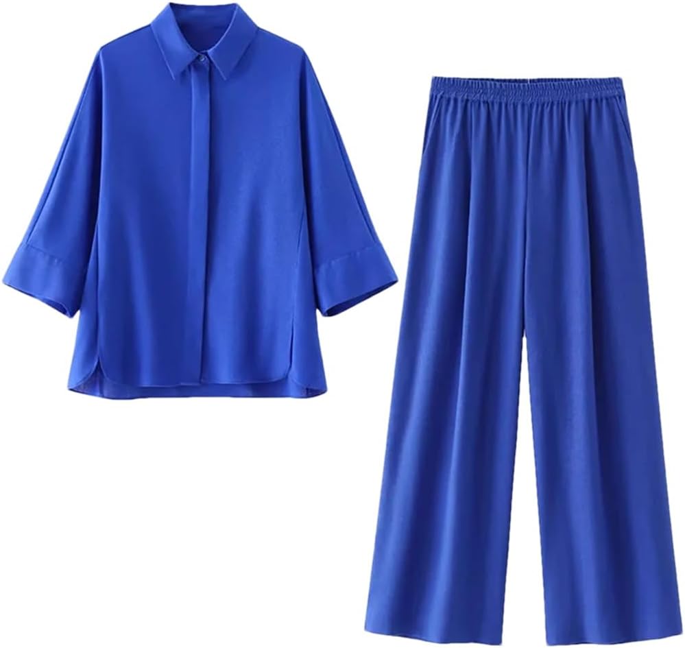 Womens Vintage Casual Blouse And Straight Pants Set Loose Fit Summer Outfit