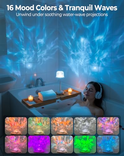 Image of Waterproof Shower Mood Lamp with Ocean Wave Projector, Outdoor Table Lamp | 16 Colors, Cordless, USB-C Rechargeable, Remote & Touch Control, LED Bathroom Lamp for Inside Shower, Bathtub, Relaxing Spa