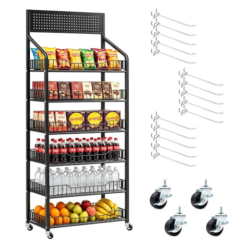 Estantería para aperitivos de 5 pisos, supermercado, carrito de ventas con ruedas y 15 ganchos, resistente estante de metal para tiendas, cocinas, tiendas (negro)