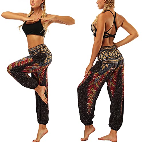 Nuofengkudu Hippiebroek voor dames, harembroek, boho, patroon, gesmokte taille met zakken, vrijetijdsbroek, zomerbroek, yogabroek - Image 6