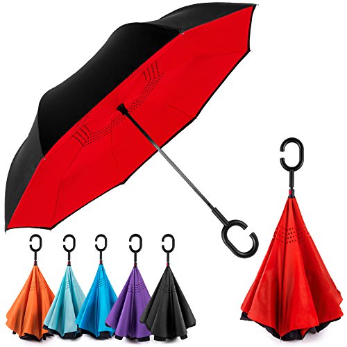 EEZ-Y Reverse Umbrella - Large, Inverted Umbrellas for Rain w/C-Shaped Non-Rust Handle for Men & Women, Windproof & Water Resistant - Red