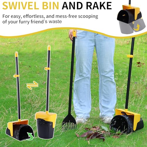 Image of ienjoyed Pooper Scooper Large Swivel Bin & Rake with 160 Waste Bags,Heavy Duty Dog Pooper Scooper with Bag Attachment for Dogs, Long Handle Poop Scooper with Lid for Yard, Grass, Gravel(Yellow)