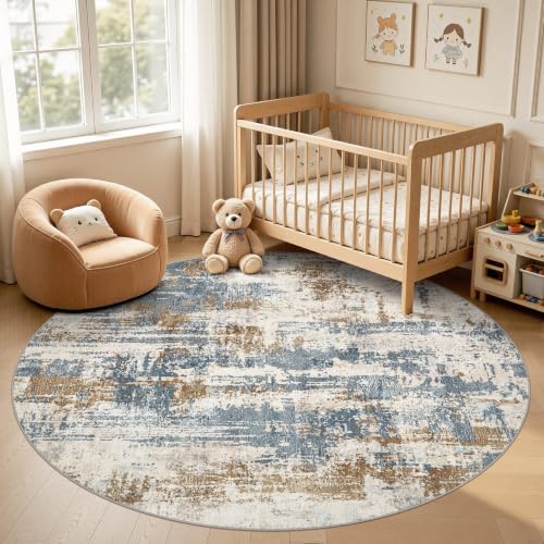 DMOYEST Teppich Rund 200 cm Blau Beige Modern Abstrakt Waschbar – Ansicht 8