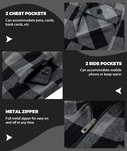Image of ZITY Men's Flannel Hooded Jacket Fleece Sherpa Lined Plaid Shirts Jackets Zip Up Sweatshirt Hoodies for Men with 4 Pockets