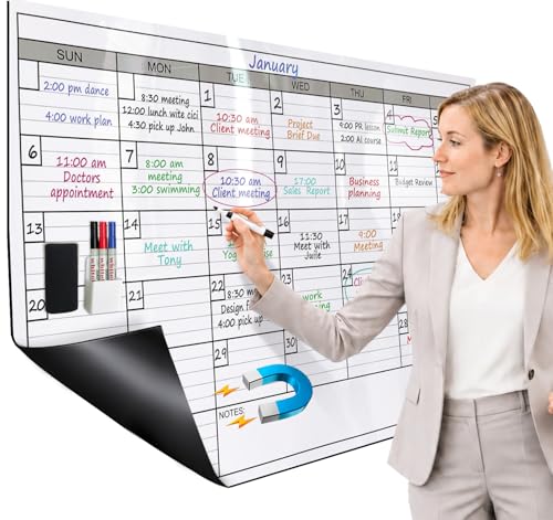 Image of Extra Large Magnetic Dry Erase Calendar for Wall, 25 inch x 38 inch Jumbo Monthly Whiteboard Calendar, Double-Sided Magnetic One Month Planner with Big Blocks, Reusable Wall Calendar for Office & Family