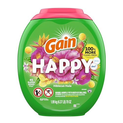 Gain Super Sized Flings Laundry Detergent Pacs, 3-in-1 Detergent Pacs with Febreze and Oxi, Happy Scent, 45 Count