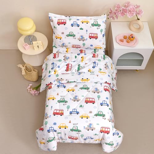 Image of Caressma White Cars 4 Pieces Toddler Bedding Set Bed-in-a-Bag Comforter