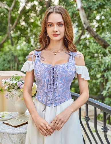 Image of Scarlet Darkness Corset Tops for Women Renaissance Lace Up Floral Bustier | Fishboned, Vintage Floral, Overbust Bodice, for Ren Faire, Medieval, Halloween Costume