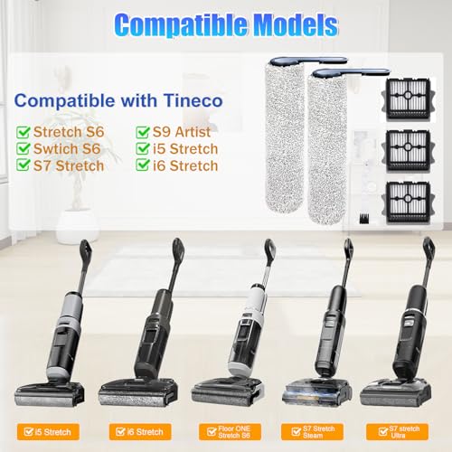 Image of Floor ONE Stretch S6 Roller Brush and Filters for Tineco Floor ONE Stretch S6 /Swtich S6 /S7 Stretch /S9 Artist /i5 Stretch /i6 Stretch Wet Dry Cordless Cleaners-6Pack
