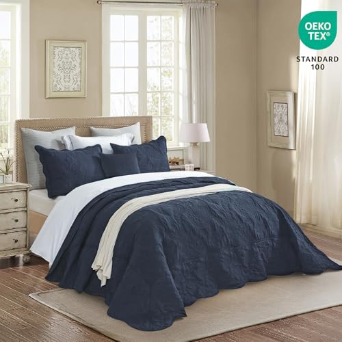Image of HZ & HY Oversized Queen Bedspread, Stitched Paisley Quilt Set Queen Size, Lightweight Reversible Coverlet, Scalloped Edge - Deep Classic Look, 5 Piece, Polar Night