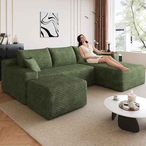 Image of 95 inch Modular Sectional Sofa with Ottoman, Modern Corduroy Cloud Couch with Deep Seat, Boneless Couch Upholstered 3-Seater U-Shaped Sofa for Living Room, No Assembly (Green,Right-Facing Chaise)