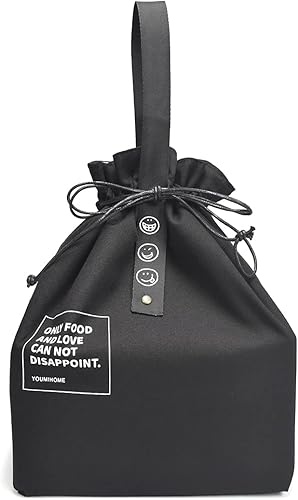 Miniatura 2 de ZIIYAN Bolsa de almuerzo reutilizable con aislamiento con asa y cierre de cordón para mujer, trabajo, picnic o viajes (negro)