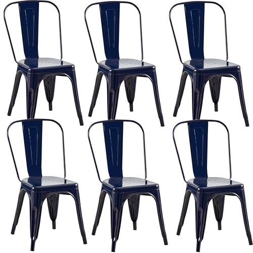 Image of Metal Dining Chairs with Backrest, Stackable, Dark Blue, 6 Pack | Easy Assembly, Non-Slip Feet, 330 lb Capacity, Kitchen, Restaurant, Cafe, Pub, Covered Patio