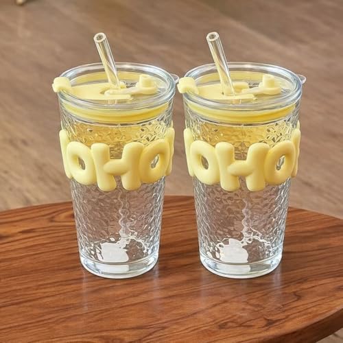 Image of Glass Sipper Tumbler with Straw | Set of 2 | 450ml Stylish Cup for Cold & Hot Drinks | Reusable Travel Mug for Office, Gym, Home (Transparent, Yellow)