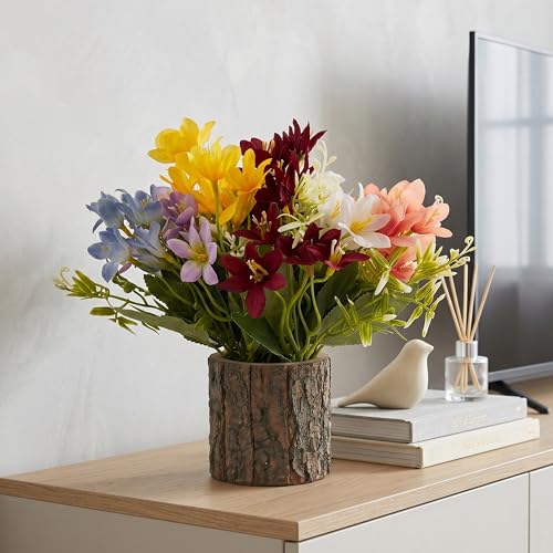 Image of Dekorly Premium Artificial Multicolor Lily Flower with Real Wooden Planter Vase (22CM) | Lifelike Faux Floral Arrangement for Home, Office & Table Decor (Multi Colour Lily Flower)