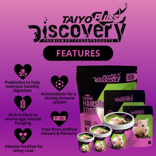 Image of Taiyo Pluss Discovery Hamster Food - 1.1 kg (1 kg + 100 g Free) Bucket Container | High Fibre Sticks with Alfalfa for Growth | Complete Nutrition for Hamsters | Supports Strong Bones & Teeth