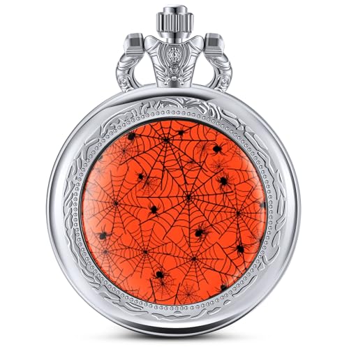 Halloween Spider Web Pocket Watch Halloween Spiderweb Gift Vintage Quartz Pocket Watch with Chain for Men Women Halloween Decoration Party Favor Supplies(Orange)