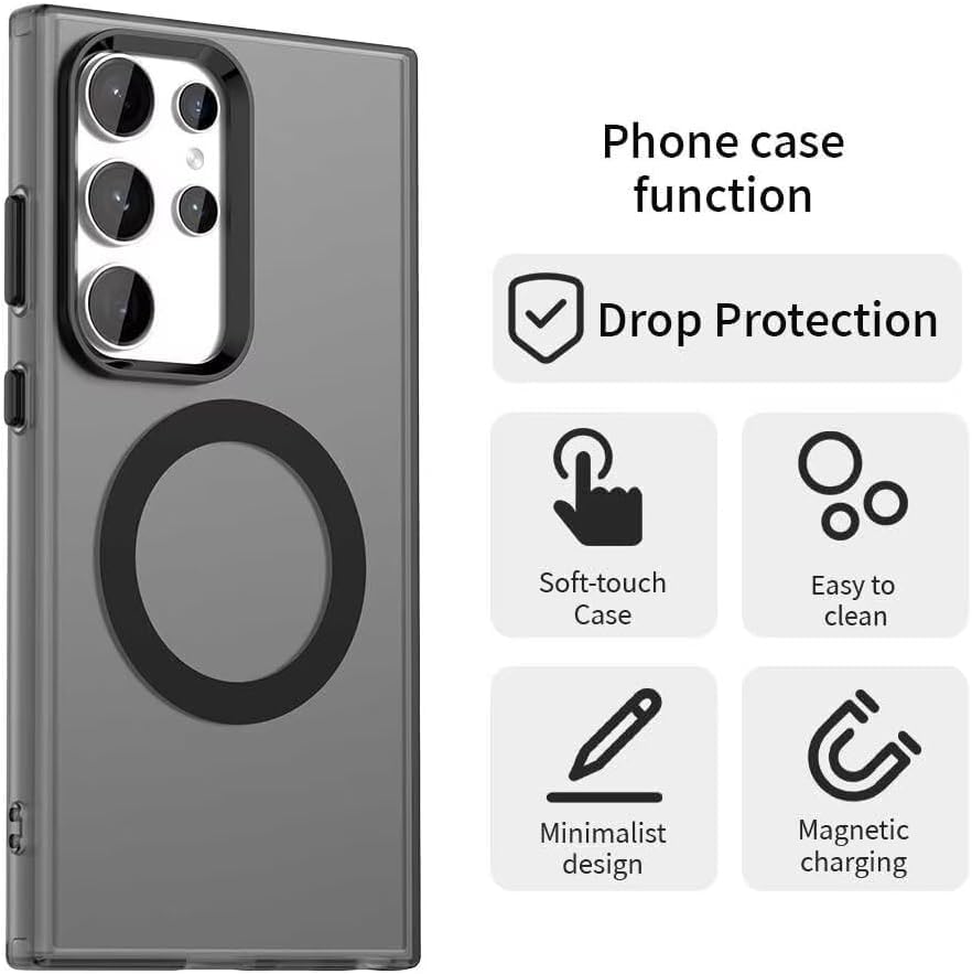 Image of Elzzi Magnetic Case for Samsung Galaxy S25 Ultra 5G Cover [Compatible with MagSafe] Slim Fit Shockproof Translucent Matte Hard Back Phone Cover with Protective Bumper for Men & Women (Black)
