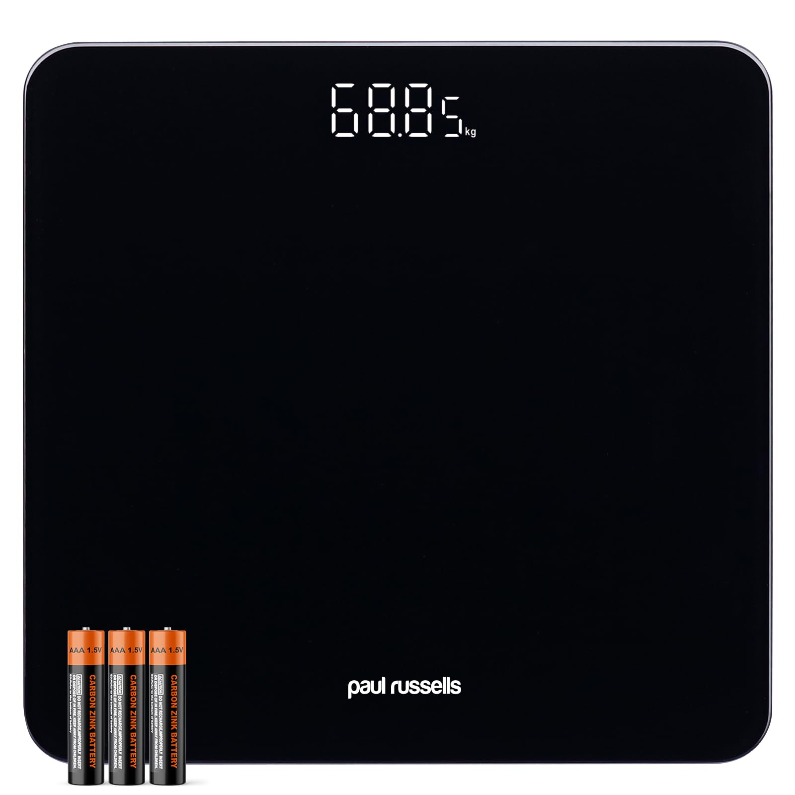paul russells Digital Bathroom Scales for Body Weight, Weighing Scale with Glass, High Precision Sensors Accurate Weight Machine, Batteries Included, 180kg/28st/400lb, Black