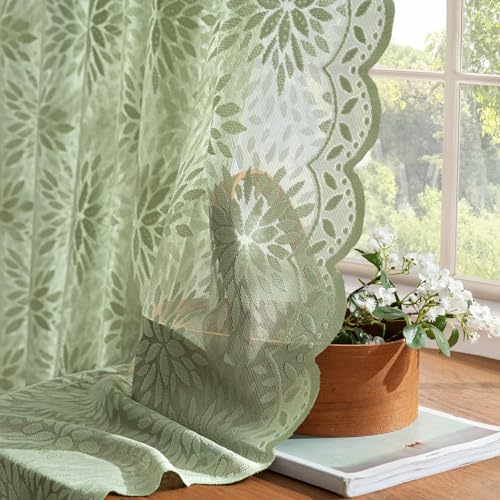 Image of MIULEE Vintage Floral Scalloped Lace Curtains, Sage Green 52 inch W x 63 inch L | 2 Panels, Spring Victorian Design, Short Semi Sheer Curtains, Light Filtering Rod Pocket Drapes, for Bedroom Living Room