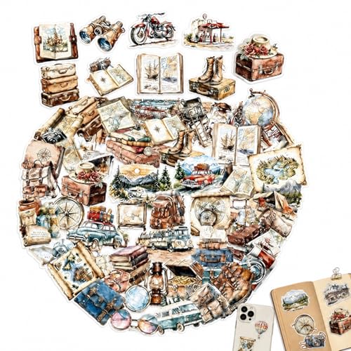 DERJDISF Juego de 50 Pegatinas Retro Vintage de Viaje, Adhesivos Impermeables de Pet, Pegatinas Transparentes para Maletas, Diarios, Scrapbooking, portátiles, bicis y Cascos