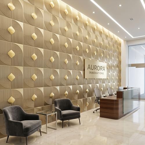 Image of Kayra Decor 3D PVC Wall Panels with Acrylic Finish for Bedroom & Living Room, Curve Line Design Champagne Gold, 19.7 x 19.7 Inch, Pack of 40 (107.6 Sq Ft)