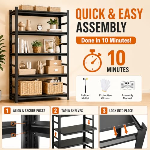 Image of 3-Tier Bookshelf, Modern Metal Book Shelf, 900LBS Industrial Tall Display Bookcase, Adjustable Bolt-Free Storage Shelves for Living Room, Bedroom, Garage, Kitchen, Black, 23.6 inch W x14 D x31.5 H