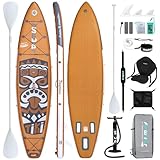 FunWater Retro Tiki - Tabla de paddle hinchable (3 años de garantía, extra larga y ancha, 11'6 x 33 pulgadas, con bomba de doble acción), bolsa de cubierta