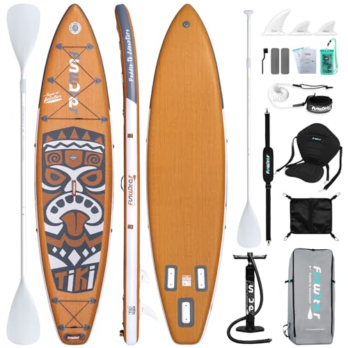 FunWater Retro Tiki - Tabla de paddle hinchable (3 años de garantía, extra larga y ancha, 11'6 x 33 pulgadas, con bomba de doble acción), bolsa de cubierta