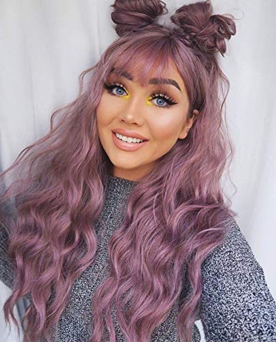 Nnzes Long Wavy Wigs With Bangs for Women 28 Inches Long Women’s Ash Pink Wig Synthetic Heat Resistant Synthetic Fiber Hair for Cosplay Wear