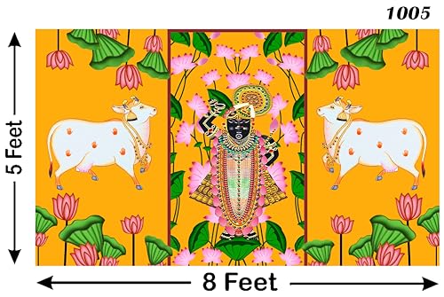 Image of Two Cow with Srinath ji Design Decoration Backdrop Cloth for Pooja Decoration Traditional Background Curtain Cloth for Pooja Festival Size 5 Feet Height and 8 Feet Width(5 * 8)