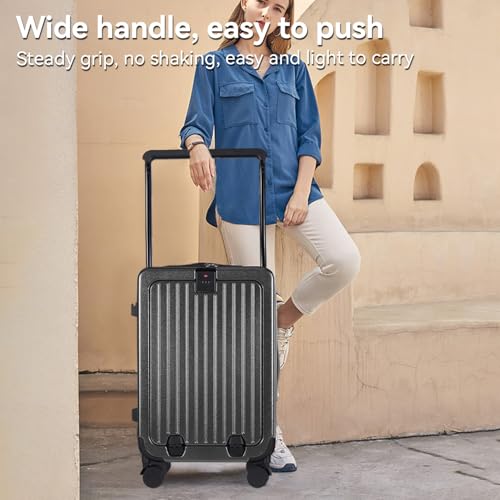 SOKOK Front Pocket Luggage Carry On with Spinner Wheels, Wide Handle Travel Suitcase PC Hardshell Durable Rolling Luggage for Business Trip with Charging Port and Cup Holder, Graphite2