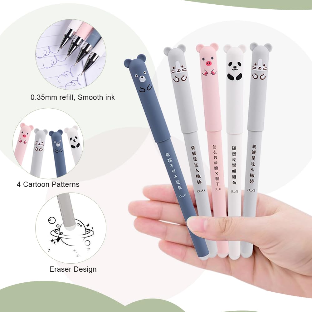 8 Stylos Gel Effaçables 0.35mm + Recharges - Motifs Animaux - Pour École/Bureau