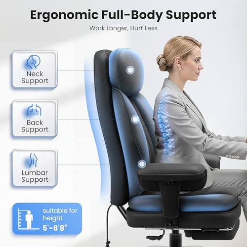 Image of BestGlory Big and Tall Office Chair with Lumbar Support, Executive Leather Computer Desk Chair, Heavy Duty Comfortable Gaming Chair with Double Layer Cushion & Footrest for Home Office Gaming