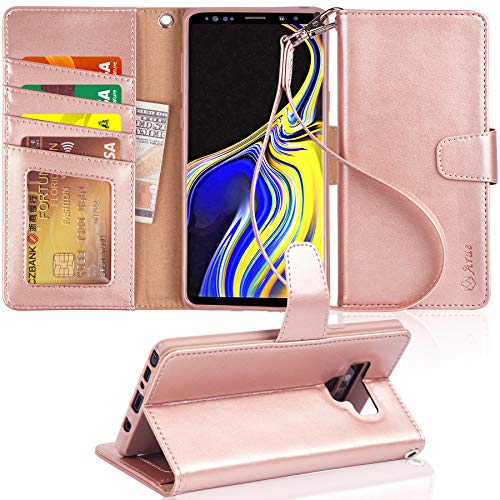 Arae Wallet Case Compatible for Samsung Galaxy Note 9 with Wrist Strap and [4-Slots] ID&Credit Cards Pocket - Rose Gold