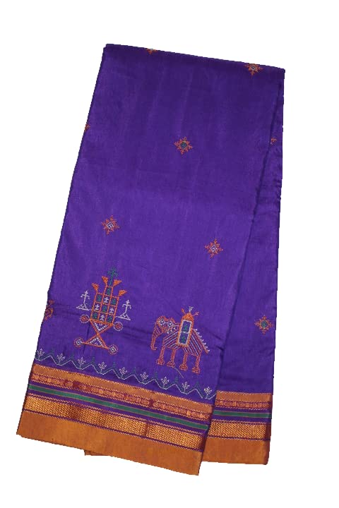 Image of Women Ilkal Cotton Blended Silk Kasuti Embroidery Saree with Traditional Stripe Pallu Unstitched Blouse Pattu