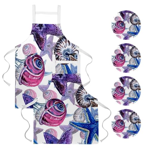 Lot de 2 tabliers de cuisine aquarelle étoile de mer avec 4 broches pour bistrot et bar