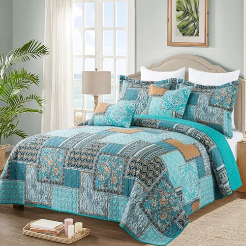 VAPUTAR Cotton Quilt Twin Size Bedding Set - 2 Pieces, Farmhouse Twin Size Quilts, Lightweight Reversible Coverlets Bedspreads for All Season (Teal/Green Chic)