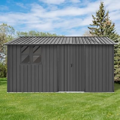 KEIKI 10' x 12' Outdoor Garden Storage Shed, Apex Roof with Sliding Door & Acrylic Window, Punched Vents for Bike, Toy & Garbage Can, Grey