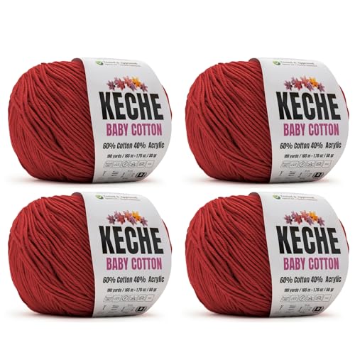 Image of Keche Cotton Yarn, 60% Cotton 40% Acrylic Yarn, Soft Cotton Yarn for Crochet and Knitting, Amigurumi Yarn 4 Skeins /Balls [1.76 Oz (50g) / 180 Yrds (165m)] x 4 - Red